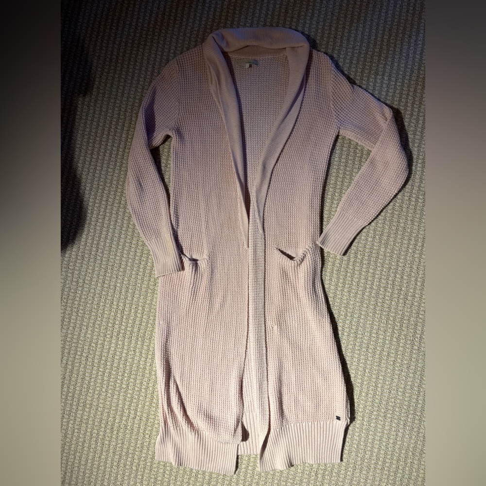 Open-Front Long Cardigan Sweater in Light Mauve